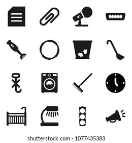 Flat vector icon set - rake vector, trash bin, washer, ladle, blender, table lamp, document, clock, hoop, traffic light, no hook, microphone, hdmi, attachment, crib, loudspeaker