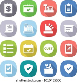 flat vector icon set - receipt vector, calendar, cashbox, clipboard, shopping list, atm, terms, customs, pen, check, protected, inspector, shield