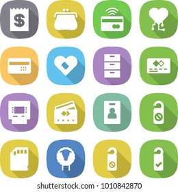 flat vector icon set - receipt vector, purse, tap to pay, cardio chip, credit card, pacemaker, archive, atm, identity, do not distrub, sd, sheep, please clean