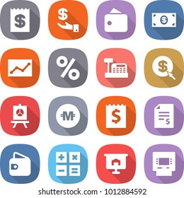 flat vector icon set - receipt vector, investment, wallet, money, statistics, percent, cashbox, dollar arrow, presentation, crypto currency, account balance, calculator, atm