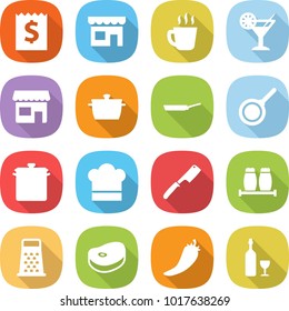 flat vector icon set - receipt vector, shop, hot drink, cocktail, pan, cook hat, chef knife, salt pepper, grater, steake, wine