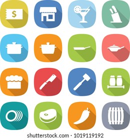 flat vector icon set - receipt vector, shop, cocktail, stands for knives, pan, chief hat, chef knife, meat hammer, salt pepper, plates, steake, hot, barrel