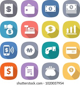 flat vector icon set - receipt vector, wallet, money, gift, cashbox, message, graph up, phone pay, crypto currency, hand coin, credit card, account balance, purse, dollar pin