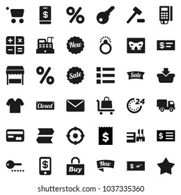 Flat vector icon set - receipt vector, gift, credit card, sale, new, closed, 24 hour, percent, market, mall, target, buy, reader, cashbox, basket, cart, calculator, auction, trolley, delivery, mail