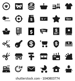 Flat vector icon set - receipt vector, gift, dollar coin, cash, star, money bag, new, open, 24 hour, market, store, mall, target, card reader, cashbox, basket, cart, home, mail, catalog, check