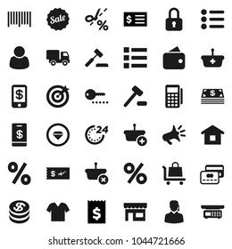 Flat vector icon set - receipt vector, credit card, dollar coin, wallet, cash, sale, 24 hour, percent, store, customer, support, target, barcode, reader, basket, home, auction, trolley, delivery