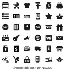 Flat vector icon set - receipt vector, gift, dollar coin, wallet, star, money bag, sale, new, market, store, mall, buy, card reader, basket, shopping list, trolley, delivery, mail, catalog, tap pay