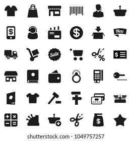 Flat vector icon set - receipt vector, credit card, dollar coin, wallet, money bag, sale, new, shopping, store, support, barcode, reader, cashbox, basket, cart, calculator, auction, trolley, mail