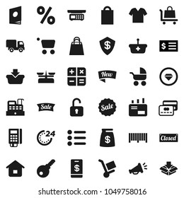 Flat vector icon set - receipt vector, credit card, money bag, sale, new, closed, 24 hour, shopping, percent, barcode, reader, cashbox, basket, cart, home, calculator, trolley, delivery, mail, menu