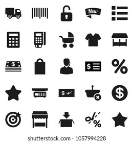 Flat vector icon set - receipt vector, dollar coin, cash, star, new, shopping bag, percent, market, support, target, barcode, card reader, basket, calculator, delivery, unlock, check, coupon, menu