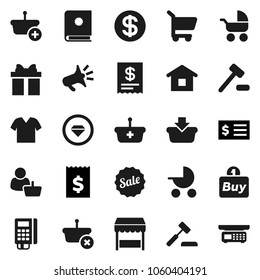Flat vector icon set - receipt vector, gift, dollar coin, sale, market, customer, buy, card reader, basket, cart, home, auction, catalog, loudspeaker, diamond ring, baby stroller, clothes