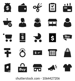 Flat vector icon set - receipt vector, wallet, money bag, new, shopping, market, store, customer, support, buy, basket, cart, list, mail, catalog, loudspeaker, check, tap pay, coupon, diamond ring