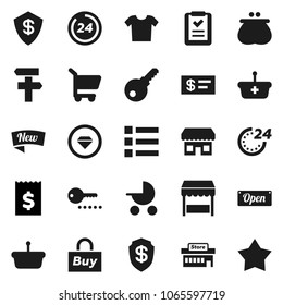 Flat vector icon set - receipt vector, wallet, new, open, 24 hour, market, store, mall, buy, basket, cart, shopping list, check, diamond ring, baby stroller, signpost, clothes, menu, dollar shield