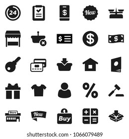 Flat vector icon set - receipt vector, gift, credit card, dollar coin, cash, new, 24 hour, percent, market, mall, customer, buy, basket, home, shopping list, calculator, auction, catalog, tap pay