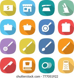 flat vector icon set - receipt vector, shop, cutting board, stands for knives, pan, skimmer, spatula, big spoon, knife, chef, cooking book, plates, grater