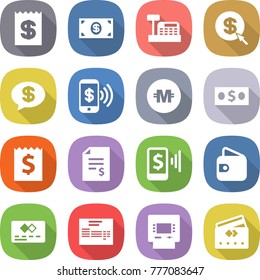 flat vector icon set - receipt vector, money, cashbox, dollar arrow, message, phone pay, crypto currency, account balance, mobile, wallet, credit card, invoice, atm