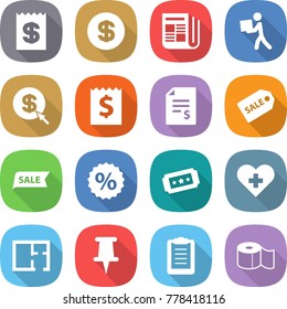 flat vector icon set - receipt vector, dollar, newspaper, courier, arrow, account balance, sale label, percent, ticket, heart cross, plan, pin, clipboard, toilet paper
