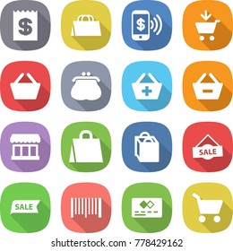 flat vector icon set - receipt vector, shopping bag, phone pay, add to cart, basket, purse, remove from, market, sale, bar code, credit card