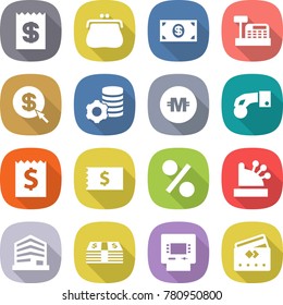 flat vector icon set - receipt vector, purse, money, cashbox, dollar arrow, virtual mining, crypto currency, hand coin, percent, office, atm, credit card