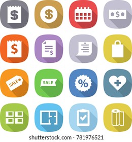 flat vector icon set - receipt vector, dollar, calendar, money, account balance, shopping list, bag, sale label, percent, heart cross, panel house, plan, clipboard check, paper towel