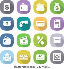flat vector icon set - receipt vector, wallet, purse, money bag, hand coin, credit card, account balance, percent, atm, building, safe