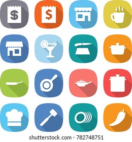 flat vector icon set - receipt vector, shop, hot drink, cocktail, cutting board, pan, cook hat, meat hammer, plates, pepper