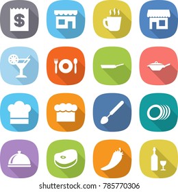 flat vector icon set - receipt vector, shop, hot drink, cocktail, cafe, pan, cook hat, chief, big spoon, plates, meal cap, steake, pepper, wine