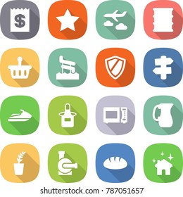 flat vector icon set - receipt vector, star, journey, barrel, basket, aquapark, shield, signpost, jet ski, apron, microwave oven, jug, seedling, water pump, bread, house cleaning