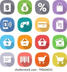 flat vector icon set - receipt vector, money bag, percent, shopping, phone pay, hand coin, credit card, account balance, add to basket, remove from, delete cart, atm, bar code