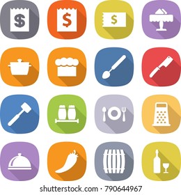 flat vector icon set - receipt vector, restaurant, pan, chief hat, big spoon, chef knife, meat hammer, salt pepper, fork plate, grater, meal cap, hot, barrel, wine