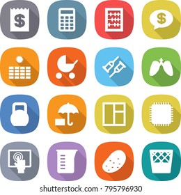 flat vector icon set - receipt vector, calculator, abacus, money message, sun power, baby stroller, crutch, lungs, heavy, insurance, window, cpu, touchscreen, measuring cup, potato, trash bin