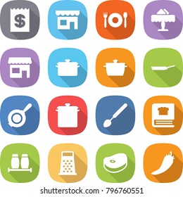 flat vector icon set - receipt vector, shop, cafe, restaurant, pan, big spoon, cooking book, salt pepper, grater, steake, hot