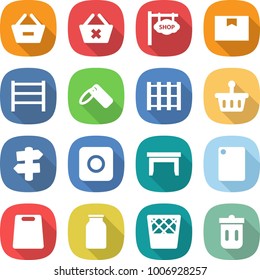 flat vector icon set - remove from basket vector, delete cart, shop signboard, package box, rack, label, pallet, signpost, ring button, table, cutting board, bank, trash bin