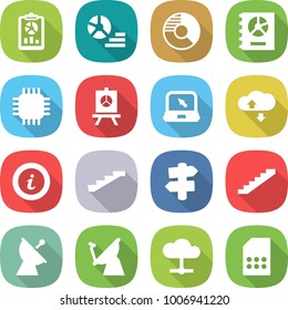 flat vector icon set - report vector, diagram, circle, annual, chip, presentation, notebook, cloud service, info, stairs, signpost, satellite antenna, sim card