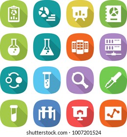 flat vector icon set - report vector, diagram, presentation, annual, round flask, server, quantum bond, vial, magnifier, pipette, test, analytics
