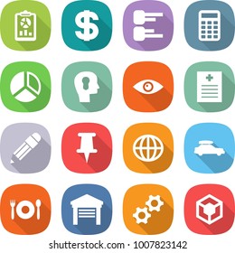 flat vector icon set - report vector, dollar, diagram, calculator, bulb head, eye, recipe, pencil, pin, globe, car baggage, cafe, garage, gears, 3d