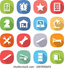 flat vector icon set - report vector, alarm clock, star, abacus, chess horse, warehouse, notebook, table lamp, pencil wrench, bone, stairs, bed, garlic clasp, pasta, vacuum cleaner