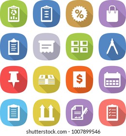 flat vector icon set - report vector, clipboard, percent, shopping bag, atm receipt, panel house, drawing compasses, pin, money, tax, calendar, cargo top sign, inventory, list