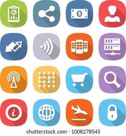flat vector icon set - report vector, share, money, woman, up down arrow, wireless, server, antenna, chip, cart, magnifier, info, globe, arrival, lock