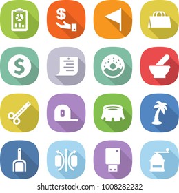 flat vector icon set - report vector, investment, flag, shopping bag, dollar coin, list, donut, mortar, surgical clamp, measuring tape, stadium, palm, scoop, magnetic field, usb flash, hand mill