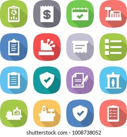 flat vector icon set - report vector, receipt, calendar, cashbox, clipboard, atm, list, protected, inventory, detector, baggage checking, reception, shield