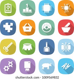 flat vector icon set - report vector, pedestal, chip, puzzle, remove from basket, donut, mortar, surgical clamp, stadium, scoop, magnetic field, dna edit, usb flash, sheep, clothespin
