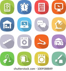 flat vector icon set - report vector, alarm clock, abacus, monitor arrow, warehouse, notebook, discussion, table lamp, stairs, washing machine, walnut crack, cheese, vacuum cleaner, toilet brush