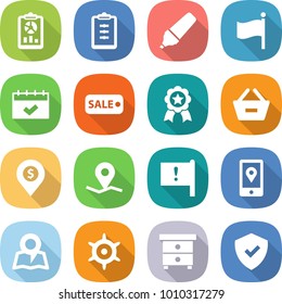 flat vector icon set - report vector, clipboard, marker, flag, calendar, sale, medal, remove from basket, dollar pin, geo, important, mobile location, map, handwheel, nightstand, shield