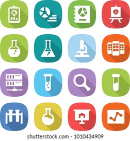 flat vector icon set - report vector, diagram, annual, presentation, round flask, microscope, server, vial, magnifier, test, analytics