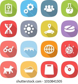flat vector icon set - report vector, gear, group, round flask, dna, around, car pointer, pill, pacemaker, bridge, globe, disco ball, dog, washing, cutting board, cd