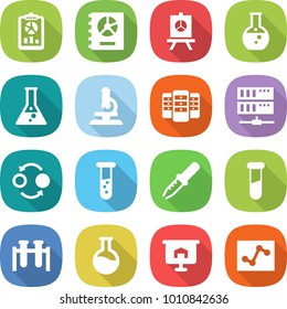 flat vector icon set - report vector, annual, presentation, round flask, microscope, server, quantum bond, vial, pipette, test, analytics