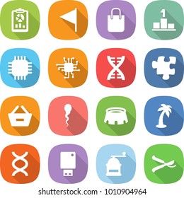 flat vector icon set - report vector, flag, shopping bag, pedestal, chip, dna, puzzle, remove from basket, sperm, stadium, palm, usb flash, hand mill, pruner