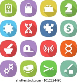 flat vector icon set - report vector, shopping bag, chess horse, chip, dna, puzzle, dollar coin, mortar, measuring tape, wireless, edit, steake, pruner, toilet brush