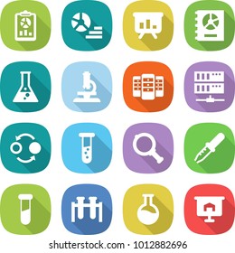 flat vector icon set - report vector, diagram, presentation, annual, flask, microscope, server, quantum bond, vial, magnifier, pipette, test
